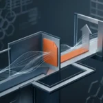 Ilustración de un documento naranja que avanza por un circuito metálico hacia una flecha que sube. Imagen generada con IA.