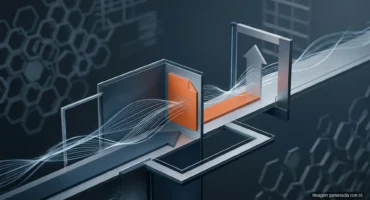 Ilustración de un documento naranja que avanza por un circuito metálico hacia una flecha que sube. Imagen generada con IA.