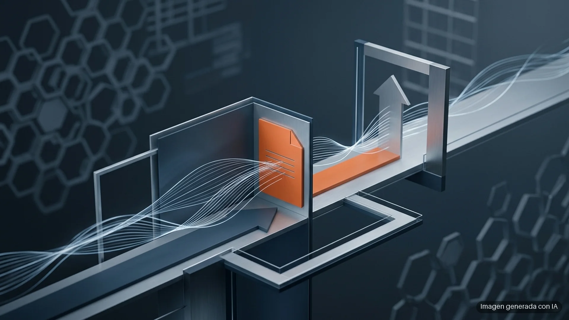 anthropic-s1-salida-a-bolsa Ilustración de un documento naranja que avanza por un circuito metálico hacia una flecha que sube. Imagen generada con IA.