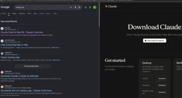 Captura de Push Security con la búsqueda «claude mac» en Google y su anuncio de bing.com, junto a la página falsa «Download Claude» para macOS
