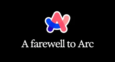 Logotipo de Arc, una A de trazos rosa, rojo y azul con borde blanco, sobre fondo negro, con el rótulo «A farewell to Arc» debajo