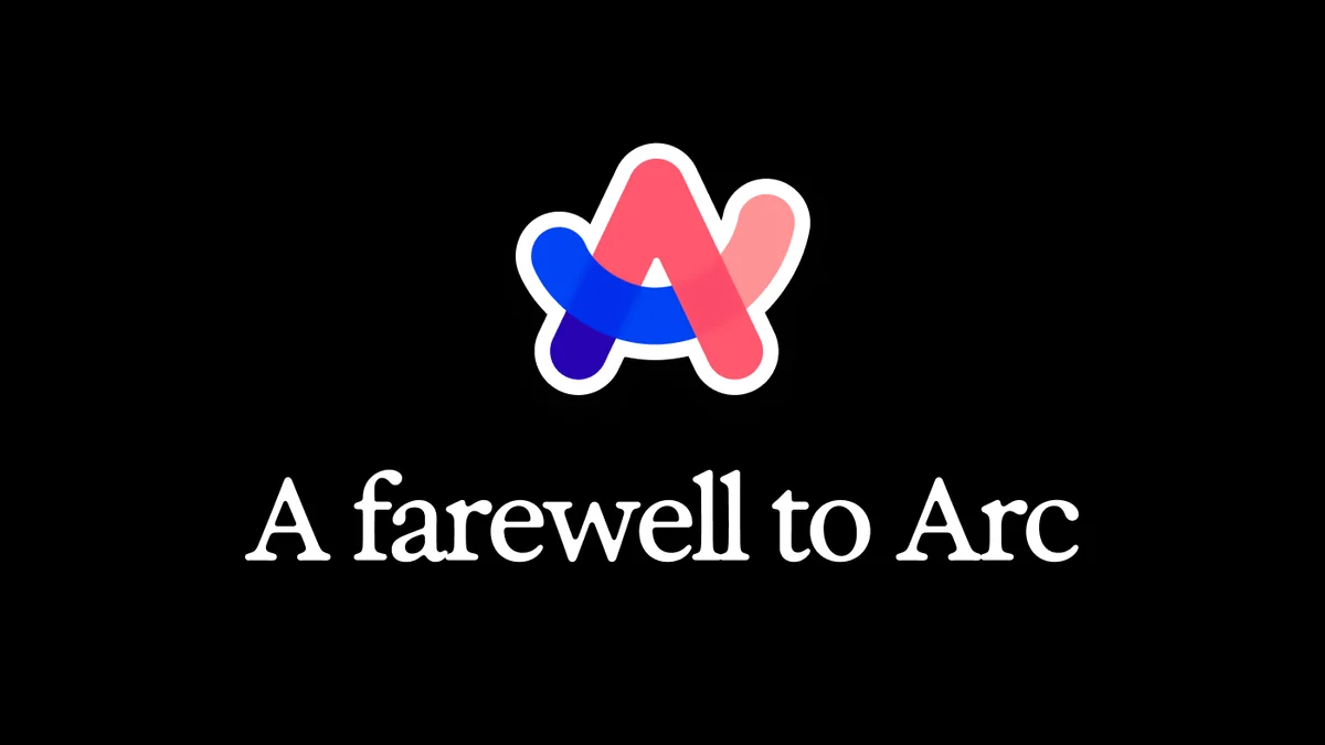 arc-deja-de-funcionar Logotipo de Arc, una A de trazos rosa, rojo y azul con borde blanco, sobre fondo negro, con el rótulo «A farewell to Arc» debajo