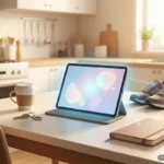 Tableta en una mesa de cocina unida por líneas de luz a un café, unas llaves, unas zapatillas y una libreta. Imagen generada con IA.