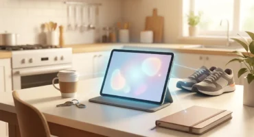 Tableta en una mesa de cocina unida por líneas de luz a un café, unas llaves, unas zapatillas y una libreta. Imagen generada con IA.