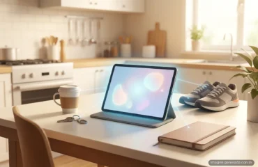 Tableta en una mesa de cocina unida por líneas de luz a un café, unas llaves, unas zapatillas y una libreta. Imagen generada con IA.