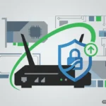 Router doméstico negro genérico con un escudo y un candado delante, en una ilustración plana sin marcas. Imagen generada con IA.
