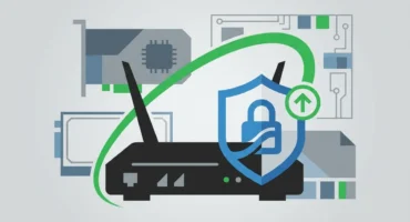 Router doméstico negro genérico con un escudo y un candado delante, en una ilustración plana sin marcas. Imagen generada con IA.