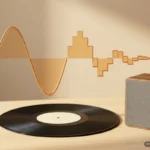 Un disco de vinilo negro con la galleta central lisa de color crema, sobre una mesa de madera clara junto a un pequeño altavoz de nogal con rejilla de tela gris y sin marcas; encima flota una onda de sonido de color ámbar que a la izquierda es una curva suave y hacia la derecha se convierte en escalones. Imagen generada con IA.