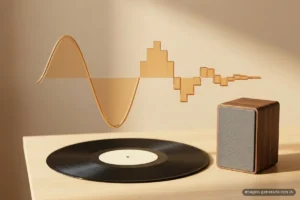 Un disco de vinilo negro con la galleta central lisa de color crema, sobre una mesa de madera clara junto a un pequeño altavoz de nogal con rejilla de tela gris y sin marcas; encima flota una onda de sonido de color ámbar que a la izquierda es una curva suave y hacia la derecha se convierte en escalones. Imagen generada con IA.