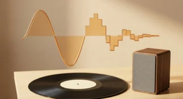 Un disco de vinilo negro con la galleta central lisa de color crema, sobre una mesa de madera clara junto a un pequeño altavoz de nogal con rejilla de tela gris y sin marcas; encima flota una onda de sonido de color ámbar que a la izquierda es una curva suave y hacia la derecha se convierte en escalones. Imagen generada con IA.