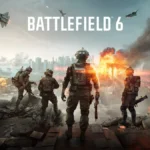 Cuatro soldados de espaldas en una azotea en ruinas miran una ciudad en llamas, con un puente ardiendo y cazas en el cielo, en el arte oficial de Battlefield 6