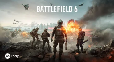 Cuatro soldados de espaldas en una azotea en ruinas miran una ciudad en llamas, con un puente ardiendo y cazas en el cielo, en el arte oficial de Battlefield 6