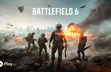 Cuatro soldados de espaldas en una azotea en ruinas miran una ciudad en llamas, con un puente ardiendo y cazas en el cielo, en el arte oficial de Battlefield 6