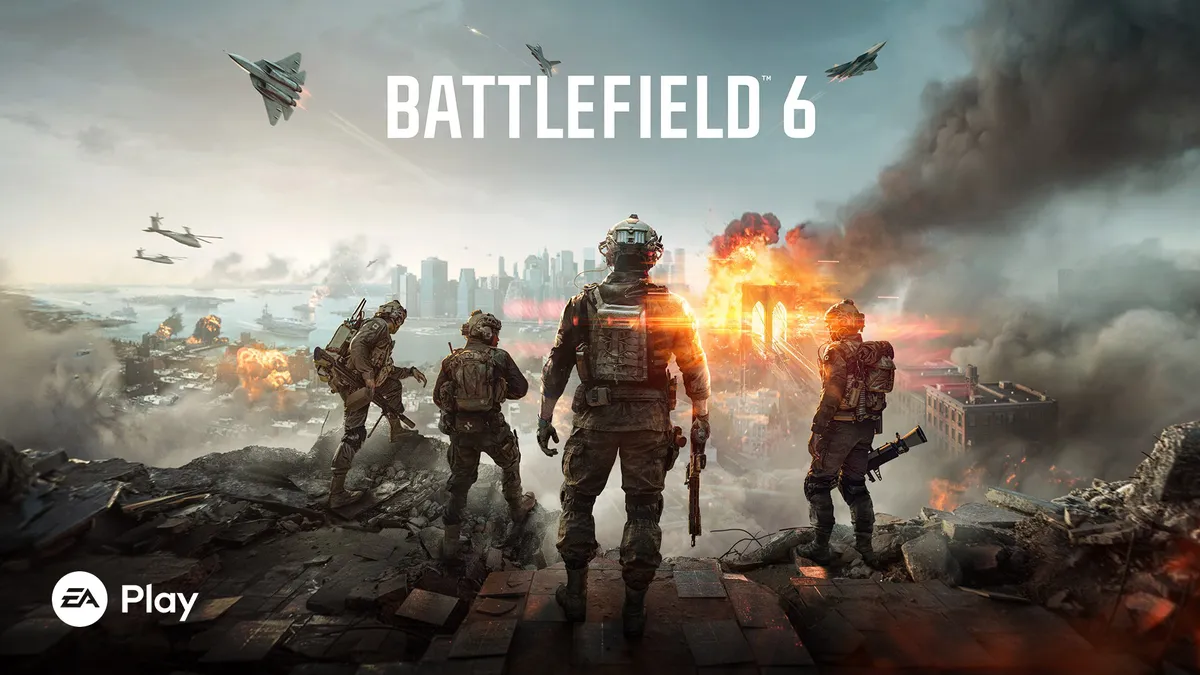 battlefield-6-game-pass-ultimate-pc-game-pass Cuatro soldados de espaldas en una azotea en ruinas miran una ciudad en llamas, con un puente ardiendo y cazas en el cielo, en el arte oficial de Battlefield 6