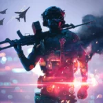 Soldado con un fusil al hombro ante un cielo nocturno con cazas y humo, en el arte oficial de la temporada 5 de Battlefield 6