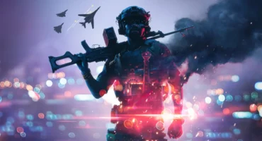 Soldado con un fusil al hombro ante un cielo nocturno con cazas y humo, en el arte oficial de la temporada 5 de Battlefield 6
