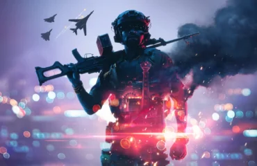 Soldado con un fusil al hombro ante un cielo nocturno con cazas y humo, en el arte oficial de la temporada 5 de Battlefield 6