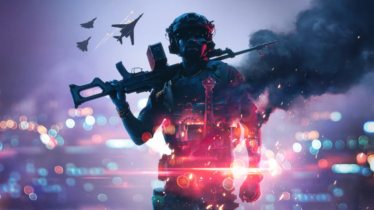 battlefield-6-temporada-5-las-vegas-area-51 Soldado con un fusil al hombro ante un cielo nocturno con cazas y humo, en el arte oficial de la temporada 5 de Battlefield 6