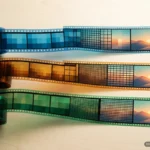 Tres tiras de película translúcida, una azul, una ámbar y una verde, se desenrollan desde sus carretes sobre una mesa de madera clara; en cada una, los fotogramas pasan de un mosaico de cuadrados grandes a la imagen nítida de un atardecer sobre unas colinas. Imagen generada con IA.