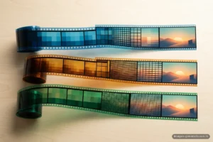 Tres tiras de película translúcida, una azul, una ámbar y una verde, se desenrollan desde sus carretes sobre una mesa de madera clara; en cada una, los fotogramas pasan de un mosaico de cuadrados grandes a la imagen nítida de un atardecer sobre unas colinas. Imagen generada con IA.