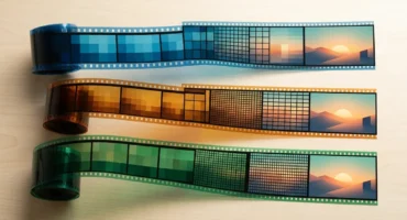Tres tiras de película translúcida, una azul, una ámbar y una verde, se desenrollan desde sus carretes sobre una mesa de madera clara; en cada una, los fotogramas pasan de un mosaico de cuadrados grandes a la imagen nítida de un atardecer sobre unas colinas. Imagen generada con IA.