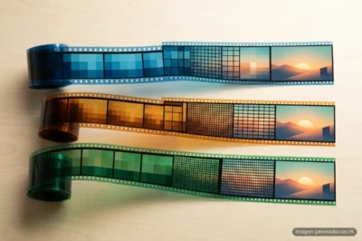 Tres tiras de película translúcida, una azul, una ámbar y una verde, se desenrollan desde sus carretes sobre una mesa de madera clara; en cada una, los fotogramas pasan de un mosaico de cuadrados grandes a la imagen nítida de un atardecer sobre unas colinas. Imagen generada con IA.