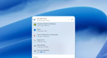 Captura oficial de la nueva búsqueda de Windows sobre el escritorio, con archivos y aplicaciones recientes y una acción para activar No molestar