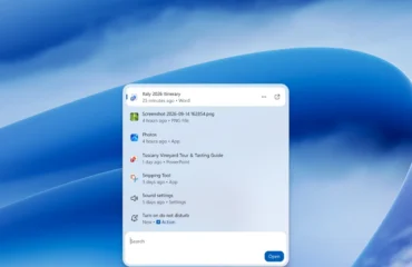 busqueda-windows-11-acciones-en-linea Captura oficial de la nueva búsqueda de Windows sobre el escritorio, con archivos y aplicaciones recientes y una acción para activar No molestar