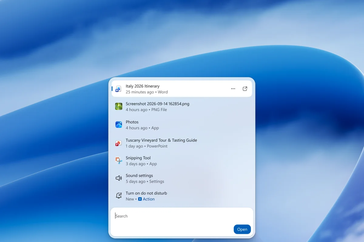 busqueda-windows-11-acciones-en-linea Captura oficial de la nueva búsqueda de Windows sobre el escritorio, con archivos y aplicaciones recientes y una acción para activar No molestar