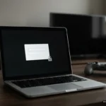 Salón a media luz con un televisor apagado al fondo y, sobre la mesa, un portátil con una ventana de inicio de sesión vacía. Imagen generada con IA.