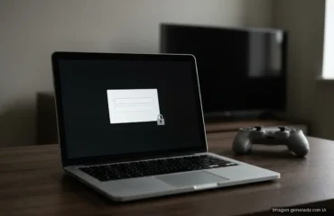 capcom-id-acceso-no-autorizado Salón a media luz con un televisor apagado al fondo y, sobre la mesa, un portátil con una ventana de inicio de sesión vacía. Imagen generada con IA.