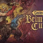 Arte oficial de Castlevania: Belmont’s Curse: Rose Belmont, rubia y con un brazo rojo, empuña un arma rodeada de monstruos, junto al logotipo del juego