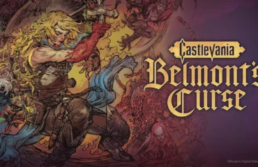 castlevania-belmonts-curse Arte oficial de Castlevania: Belmont’s Curse: Rose Belmont, rubia y con un brazo rojo, empuña un arma rodeada de monstruos, junto al logotipo del juego