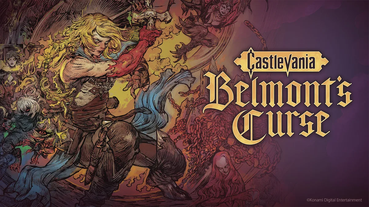 castlevania-belmonts-curse Arte oficial de Castlevania: Belmont’s Curse: Rose Belmont, rubia y con un brazo rojo, empuña un arma rodeada de monstruos, junto al logotipo del juego