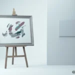 Caballete con un cuadro enmarcado en el que flotan pinceladas de colores y, separado por un hueco, un pequeño cartel en blanco colgado. Imagen generada con IA.