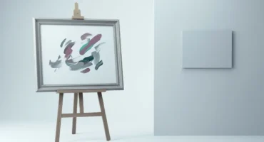 Caballete con un cuadro enmarcado en el que flotan pinceladas de colores y, separado por un hueco, un pequeño cartel en blanco colgado. Imagen generada con IA.