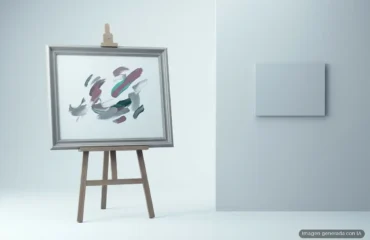 chatgpt-anuncios-generacion-imagenes Caballete con un cuadro enmarcado en el que flotan pinceladas de colores y, separado por un hueco, un pequeño cartel en blanco colgado. Imagen generada con IA.