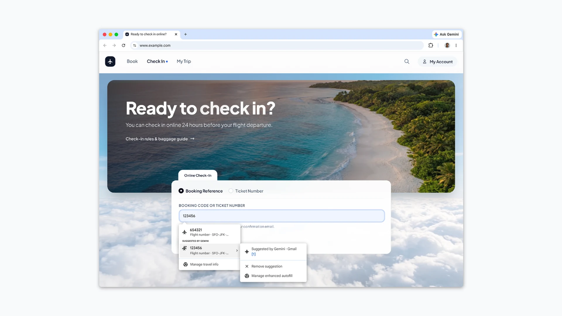 chrome-autocompletado-gmail Maqueta de Chrome con la web de una aerolínea y una sugerencia de Gemini sacada de Gmail en un formulario