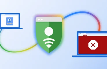 chrome-webs-sospechosas-gemini Ilustración oficial: un escudo verde unido por una línea de colores a dos portátiles, uno con un inicio de sesión y otro con un aviso rojo de página peligrosa