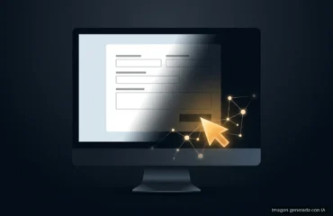 claude-formulario-pista-inventada Pantalla de ordenador con un formulario web en blanco y un cursor luminoso ámbar sobre el botón de enviar. Imagen generada con IA.