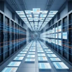 Pasillo de un centro de datos con filas de servidores de los que salen haces de luz que se convierten en páginas web abstractas. Imagen generada con IA.