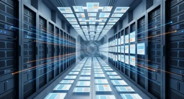 Pasillo de un centro de datos con filas de servidores de los que salen haces de luz que se convierten en páginas web abstractas. Imagen generada con IA.