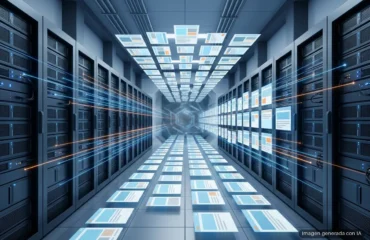 cloudflare-openai Pasillo de un centro de datos con filas de servidores de los que salen haces de luz que se convierten en páginas web abstractas. Imagen generada con IA.