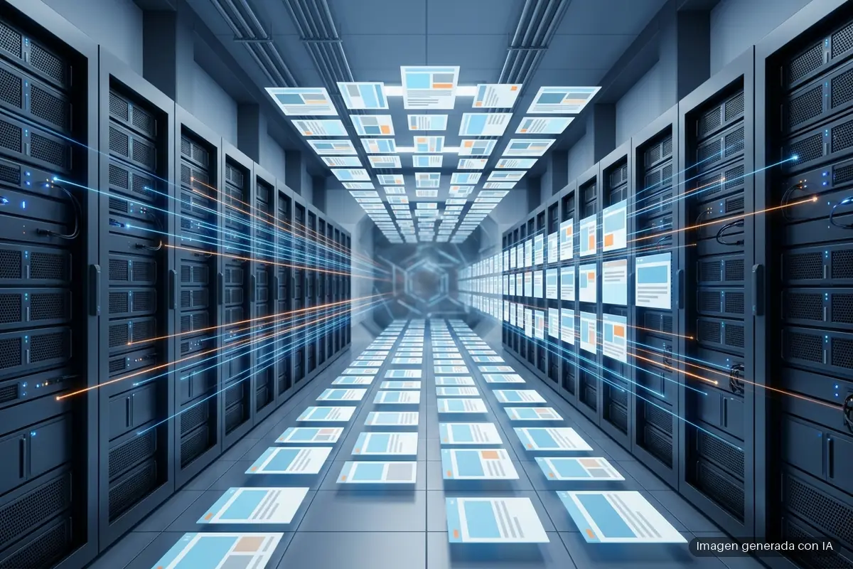 cloudflare-openai Pasillo de un centro de datos con filas de servidores de los que salen haces de luz que se convierten en páginas web abstractas. Imagen generada con IA.