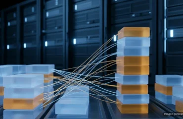 cloudflare-workers-ai-glm-5-3-fallo-cache-kv Bloques de memoria translúcidos ámbar y azul entremezclados ante bastidores de servidores en penumbra. Imagen generada con IA.