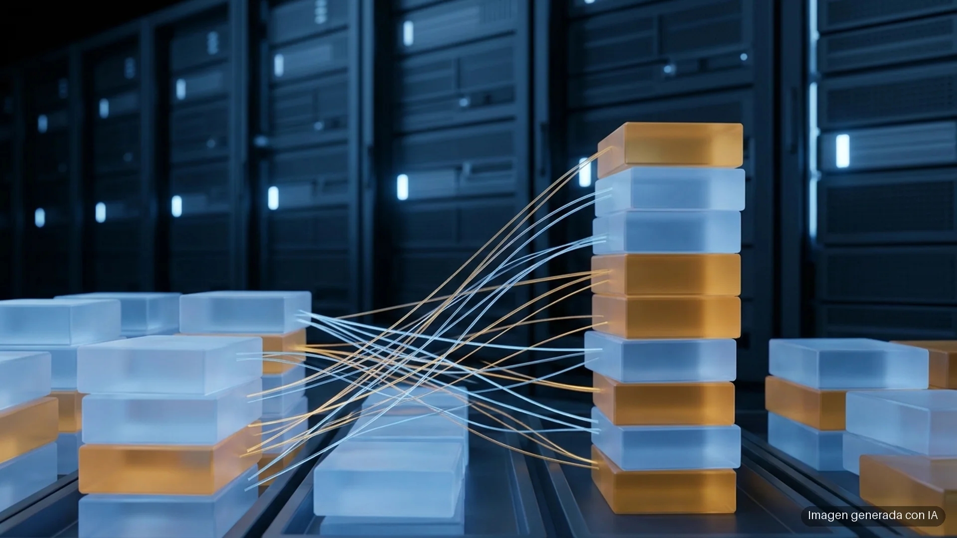 cloudflare-workers-ai-glm-5-3-fallo-cache-kv Bloques de memoria translúcidos ámbar y azul entremezclados ante bastidores de servidores en penumbra. Imagen generada con IA.