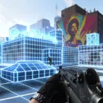 Vista en primera persona de Modern Warfare 4 en una azotea, con edificios y suelo marcados como mallas azules y un rival corriendo entre ellas