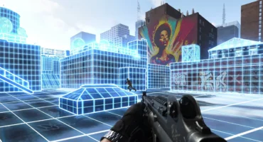 Vista en primera persona de Modern Warfare 4 en una azotea, con edificios y suelo marcados como mallas azules y un rival corriendo entre ellas