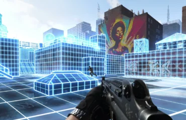Vista en primera persona de Modern Warfare 4 en una azotea, con edificios y suelo marcados como mallas azules y un rival corriendo entre ellas
