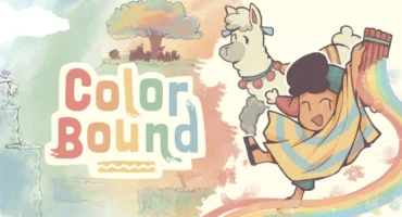 Ilustración oficial de Colorbound: Anku, con poncho de rayas y una zampoña, salta junto a una llama al lado del logotipo del juego